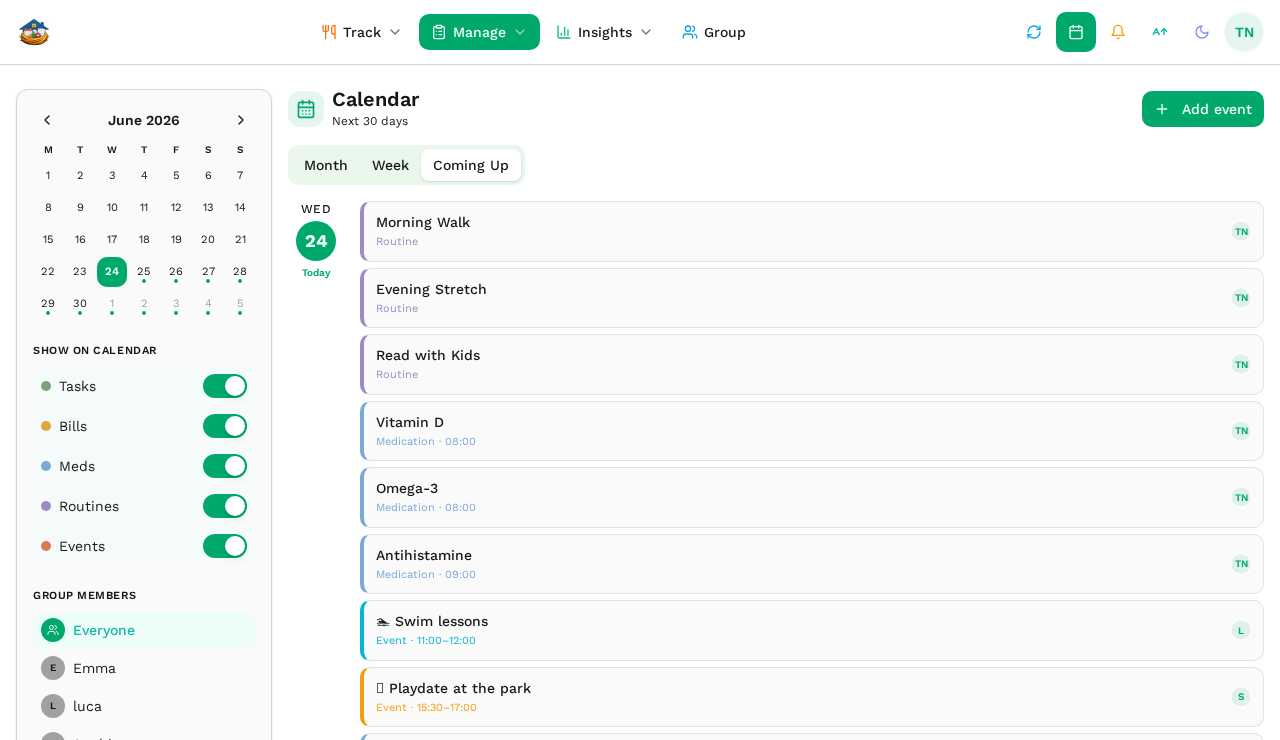 Family calendar with tasks, bills, medications and routines across the month
